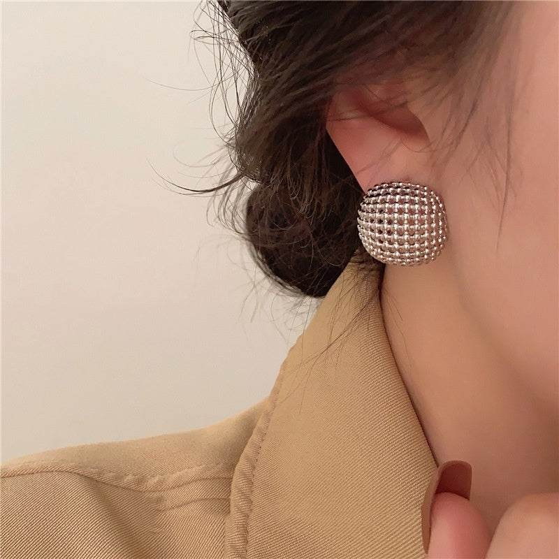 Hong Kong Style Design Hollow Mesh Metal Square Stud Earrings