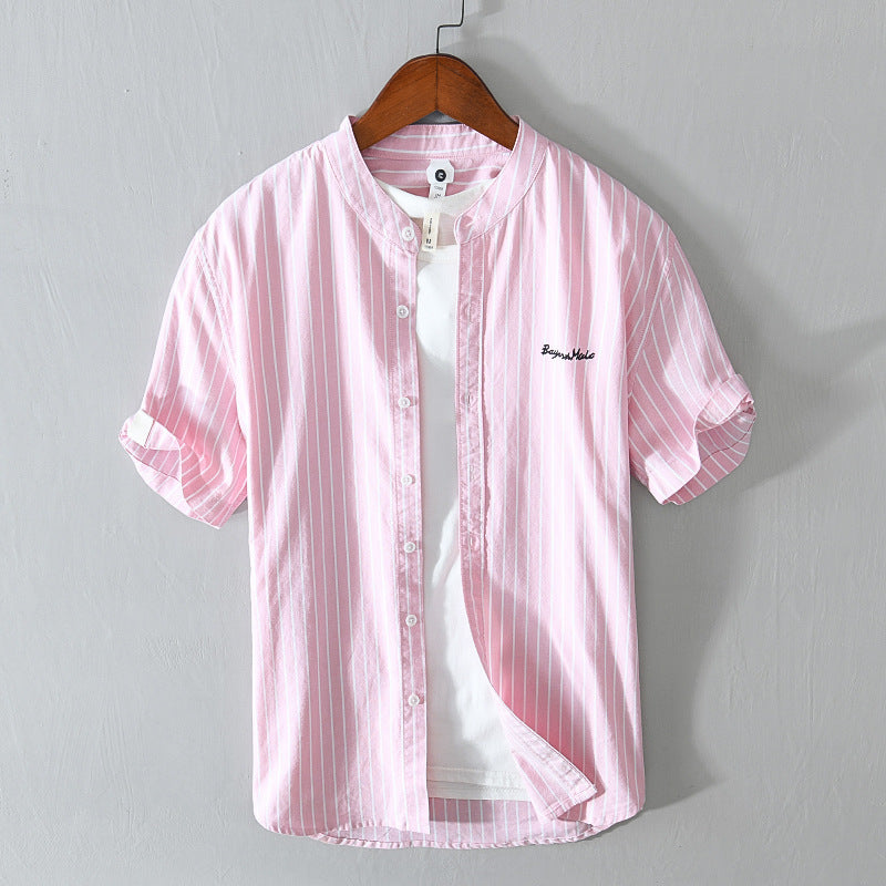 English Letter Stripes Short Sleeve Embroidered Shirt Men&