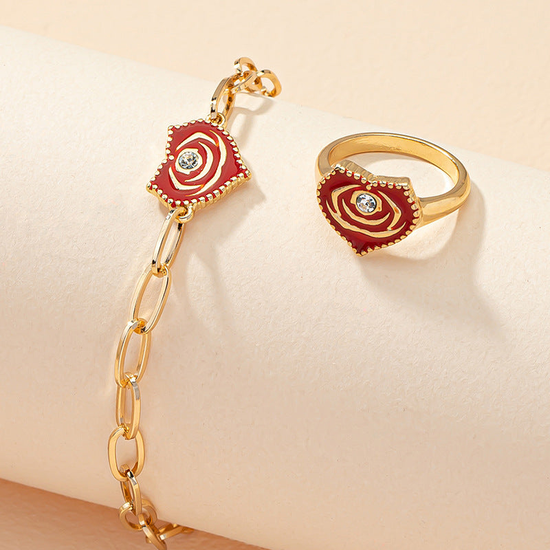 Rose Flower Dripping Oil Bracelet Ring Suit