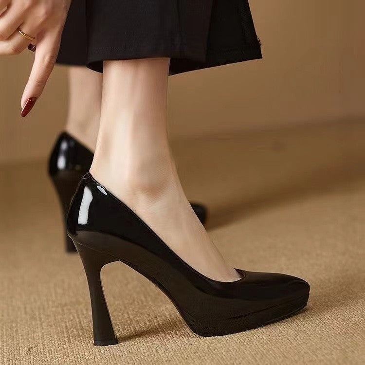 Low-cut Waterproof Platform Gentle Bright Leather Pumps Professional Women&