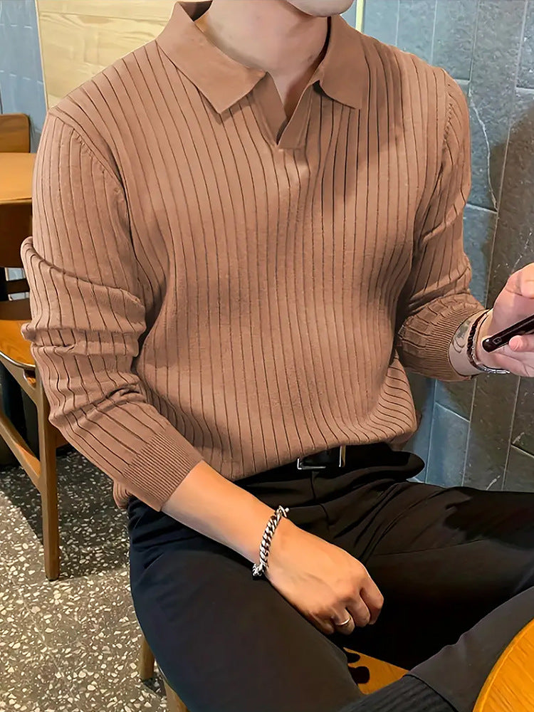 Lapel Texture Stretch Slim Knit Polo Shirt Men Polo Shirt Fashion Waffle Long-sleeved Tops Clothing Casual Comfortable Golf Men&