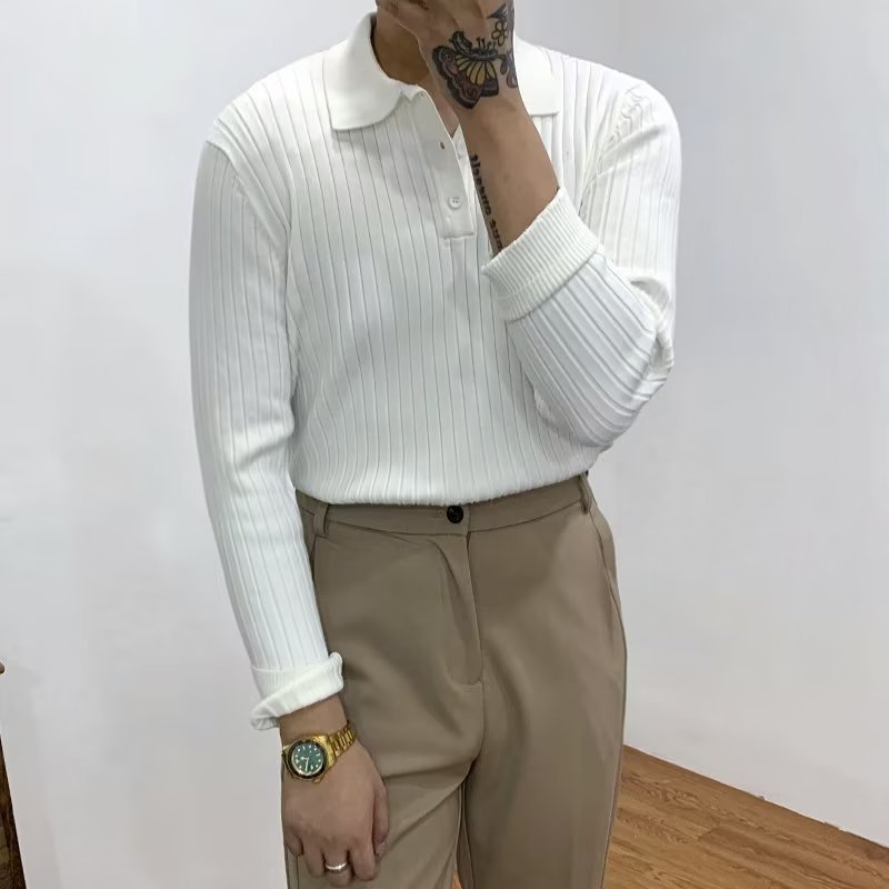 Lapel Texture Stretch Slim Knit Polo Shirt Men Polo Shirt Fashion Waffle Long-sleeved Tops Clothing Casual Comfortable Golf Men&