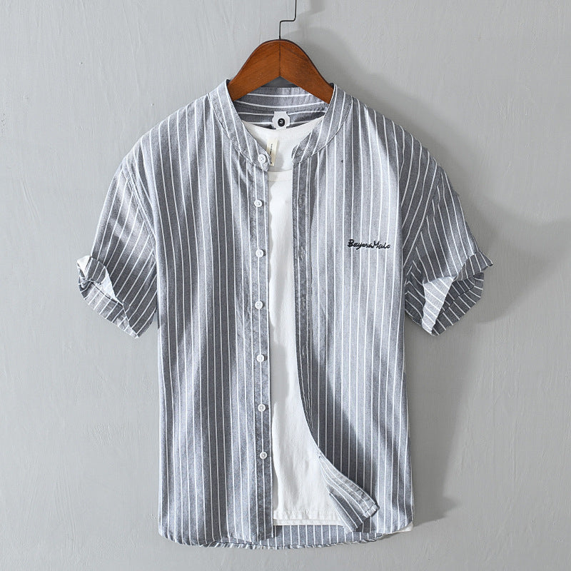 English Letter Stripes Short Sleeve Embroidered Shirt Men&