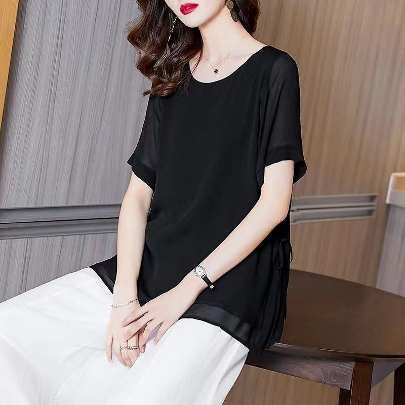 Round Neck Short Sleeve Top Loose Belly-covering Stylish Shirt