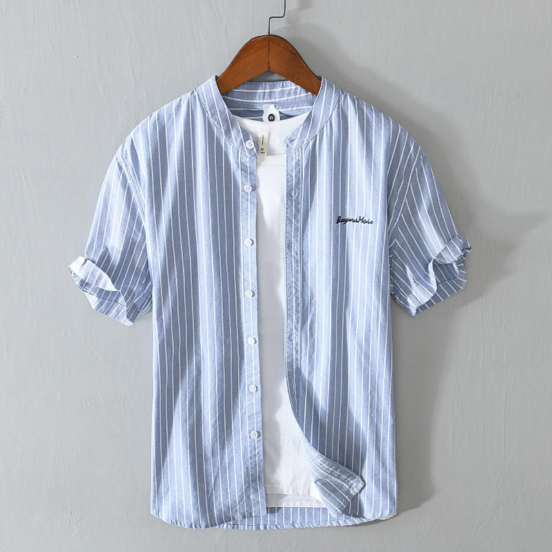 English Letter Stripes Short Sleeve Embroidered Shirt Men&
