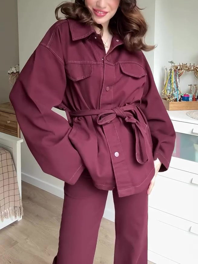 Burgundy Belted Jacket And High Waist Pants Suit