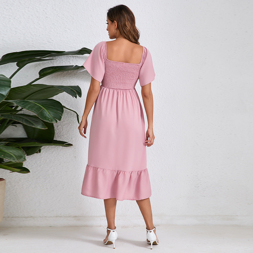 Summer Solid Color Chiffon Smocking Pregnant Women Dress Short Sleeve