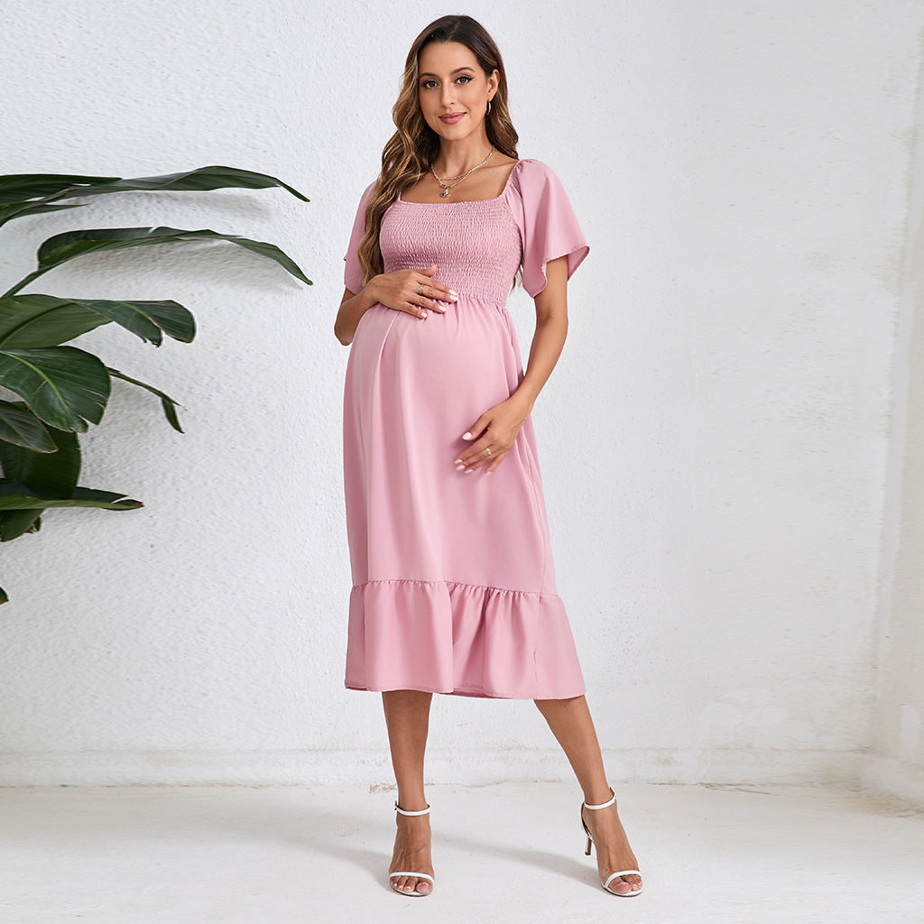 Summer Solid Color Chiffon Smocking Pregnant Women Dress Short Sleeve