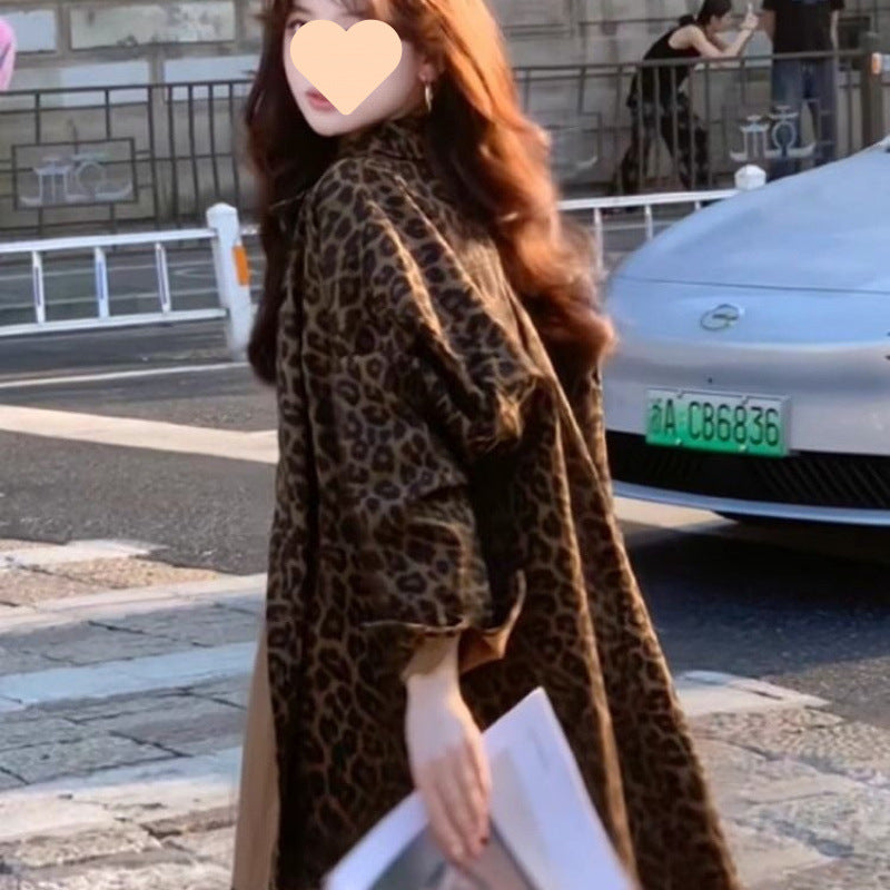 Hong Kong Style Retro Leopard-print Shirt Coat For Women