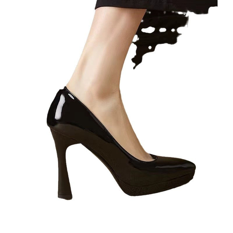 Low-cut Waterproof Platform Gentle Bright Leather Pumps Professional Women&