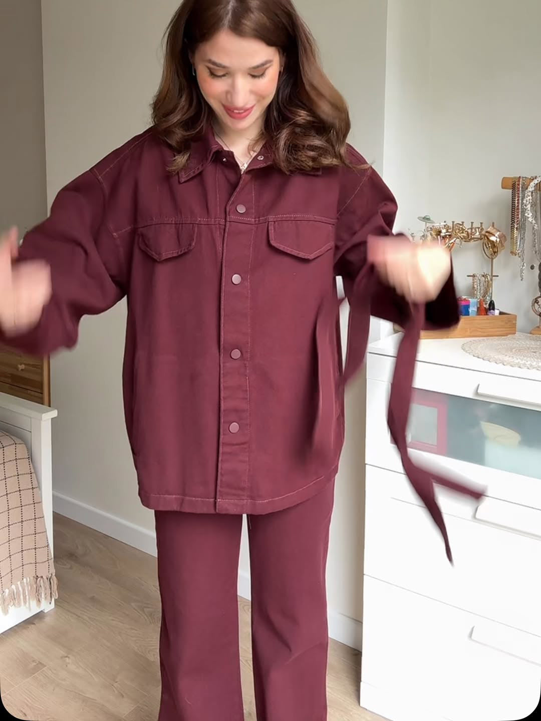 Burgundy Belted Jacket And High Waist Pants Suit