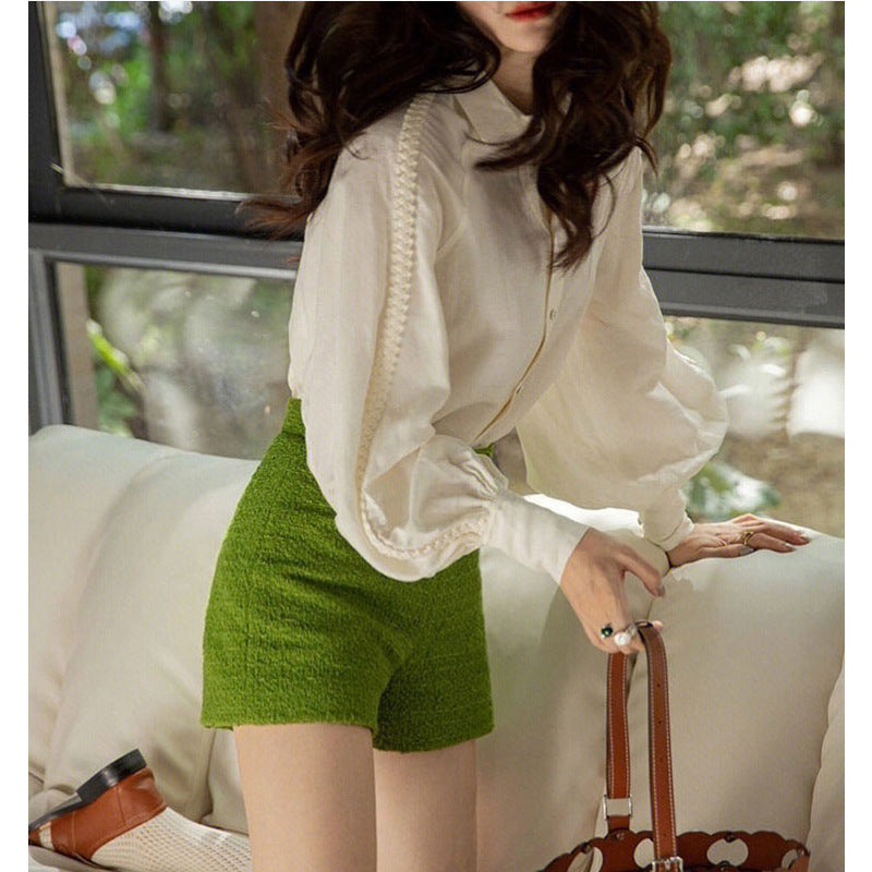 Spring And Autumn French Style Retro Lantern Sleeve Shirt For Women