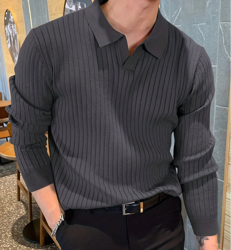 Lapel Texture Stretch Slim Knit Polo Shirt Men Polo Shirt Fashion Waffle Long-sleeved Tops Clothing Casual Comfortable Golf Men&