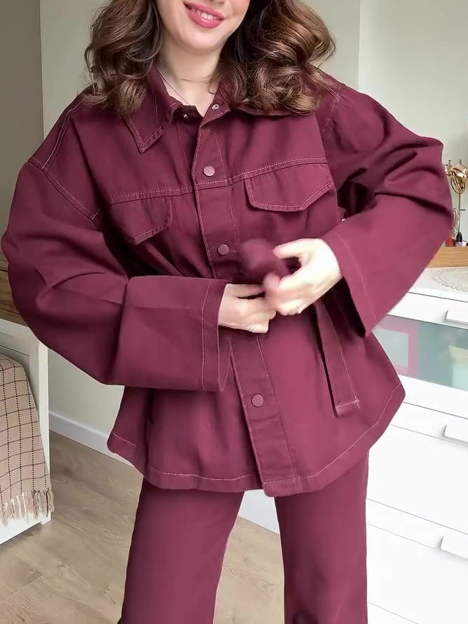 Burgundy Belted Jacket And High Waist Pants Suit
