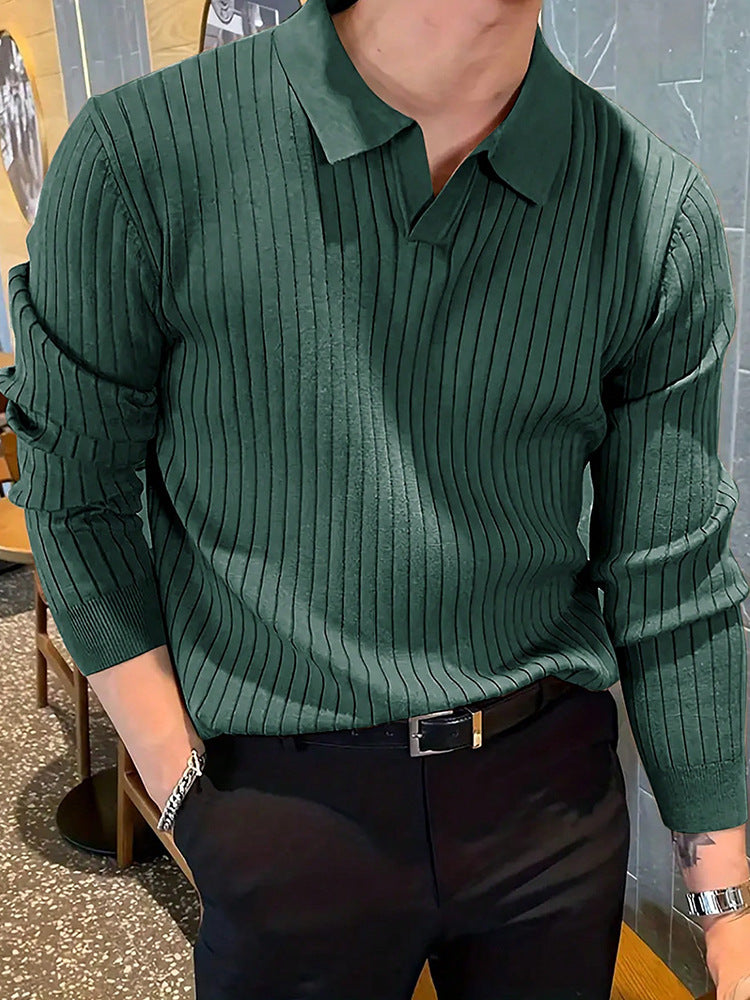 Lapel Texture Stretch Slim Knit Polo Shirt Men Polo Shirt Fashion Waffle Long-sleeved Tops Clothing Casual Comfortable Golf Men&