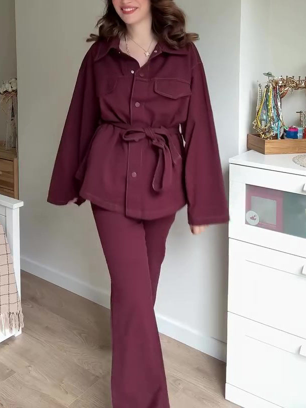 Burgundy Belted Jacket And High Waist Pants Suit