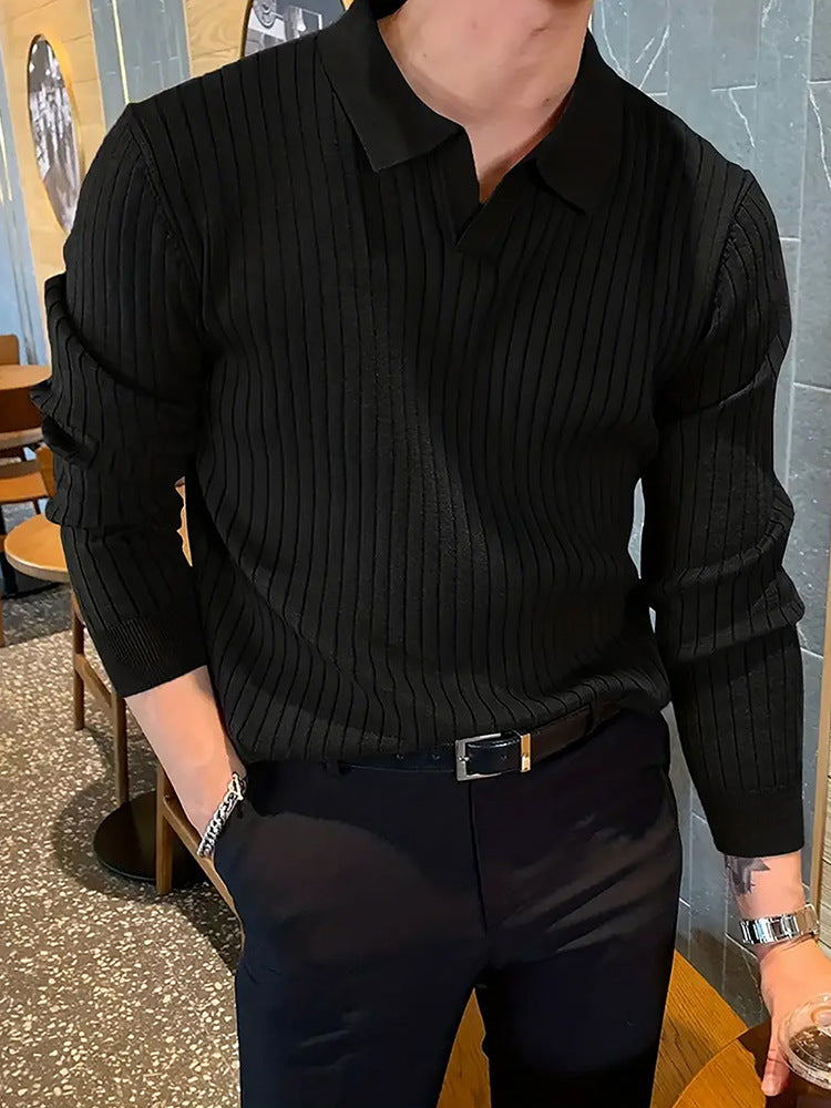 Lapel Texture Stretch Slim Knit Polo Shirt Men Polo Shirt Fashion Waffle Long-sleeved Tops Clothing Casual Comfortable Golf Men&