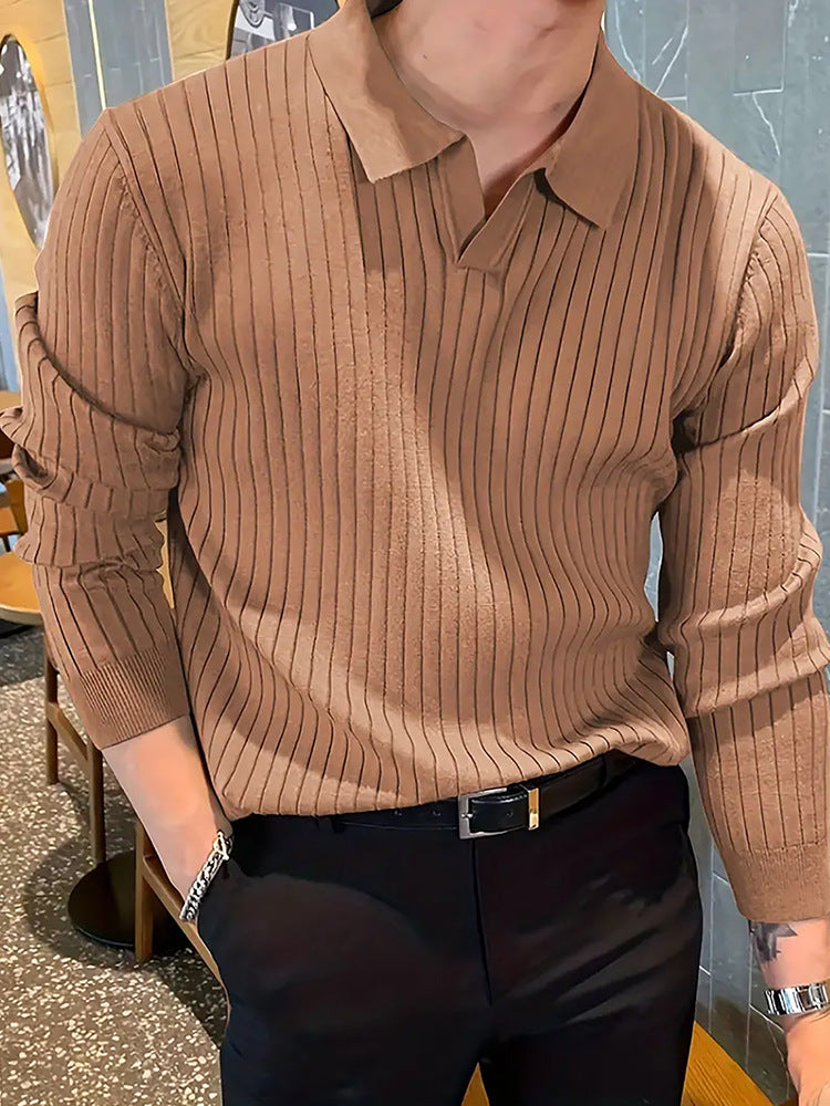 Lapel Texture Stretch Slim Knit Polo Shirt Men Polo Shirt Fashion Waffle Long-sleeved Tops Clothing Casual Comfortable Golf Men&