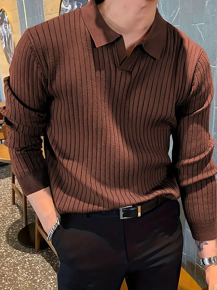 Lapel Texture Stretch Slim Knit Polo Shirt Men Polo Shirt Fashion Waffle Long-sleeved Tops Clothing Casual Comfortable Golf Men&