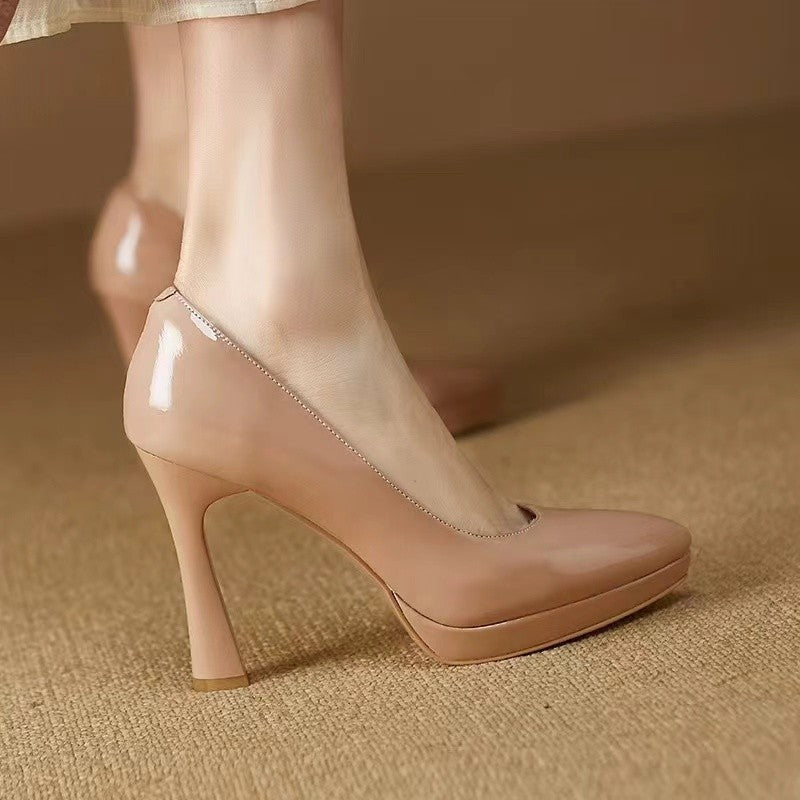 Low-cut Waterproof Platform Gentle Bright Leather Pumps Professional Women&