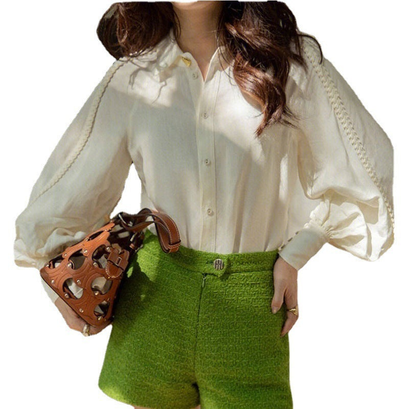 Spring And Autumn French Style Retro Lantern Sleeve Shirt For Women