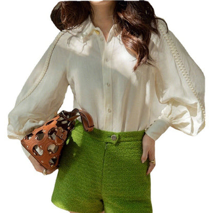 Spring And Autumn French Style Retro Lantern Sleeve Shirt For Women