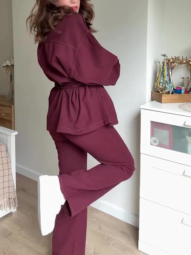 Burgundy Belted Jacket And High Waist Pants Suit