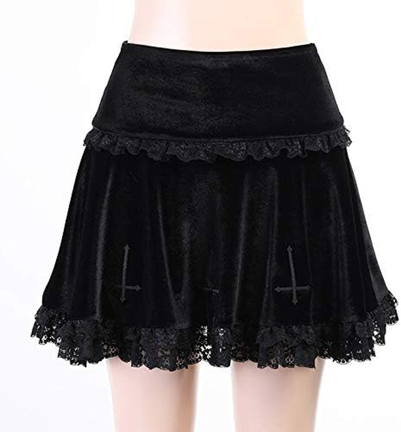 Punk Cross Print Dark Mini Skirts Chain Belt Black Uniform Pleated Skirt Women