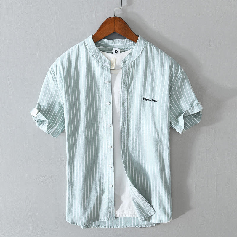 English Letter Stripes Short Sleeve Embroidered Shirt Men&