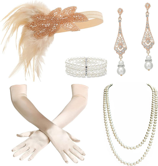 1920S Flapper Accessories Gatsby Costume Accessories Set 20S Flapper Headband Pearl Necklace Gloves Cigarette Holder