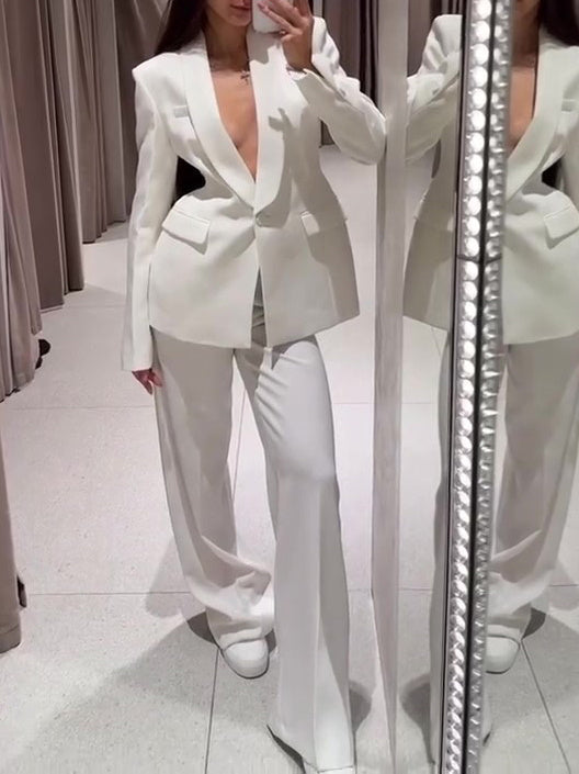 Solid Color Lapel Suit Jacket &amp; High Waist Pants Set