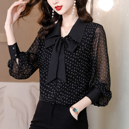 Bow Chiffon Shirt Letter Printed Loose Top
