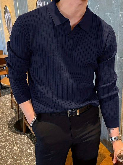 Lapel Texture Stretch Slim Knit Polo Shirt Men Polo Shirt Fashion Waffle Long-sleeved Tops Clothing Casual Comfortable Golf Men&