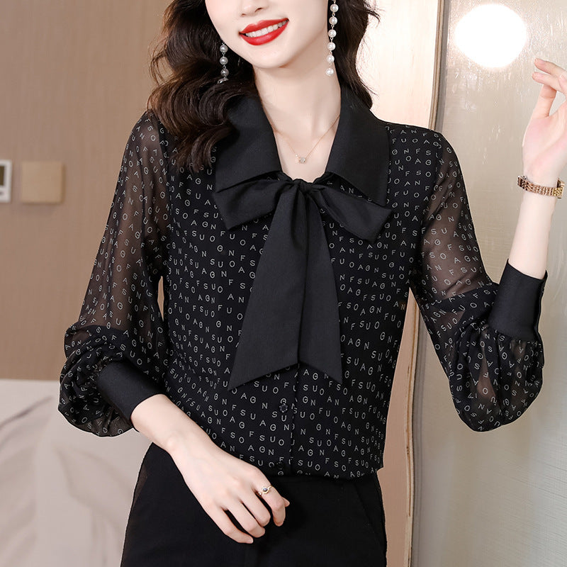 Bow Chiffon Shirt Letter Printed Loose Top
