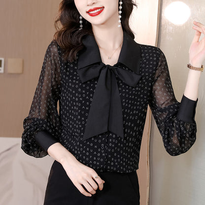 Bow Chiffon Shirt Letter Printed Loose Top