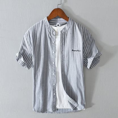 English Letter Stripes Short Sleeve Embroidered Shirt Men&