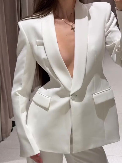 Solid Color Lapel Suit Jacket &amp; High Waist Pants Set