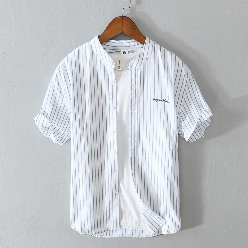 English Letter Stripes Short Sleeve Embroidered Shirt Men&
