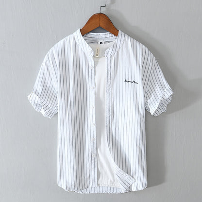 English Letter Stripes Short Sleeve Embroidered Shirt Men&