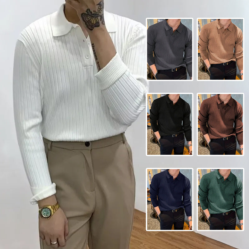 Lapel Texture Stretch Slim Knit Polo Shirt Men Polo Shirt Fashion Waffle Long-sleeved Tops Clothing Casual Comfortable Golf Men&