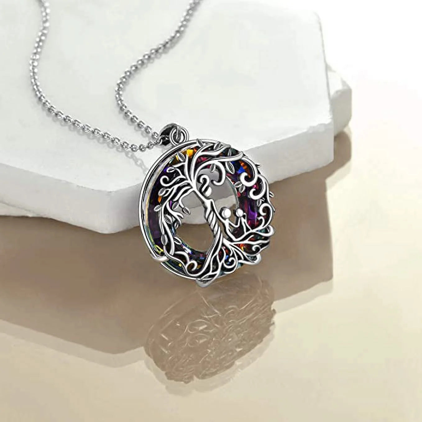 Christmas Gifts for Women Mother and 2 Family Members Sterling Silver Family Tree of Life Pendant Necklace with Purple Crystal Jewelry Mom Christmas Gifts