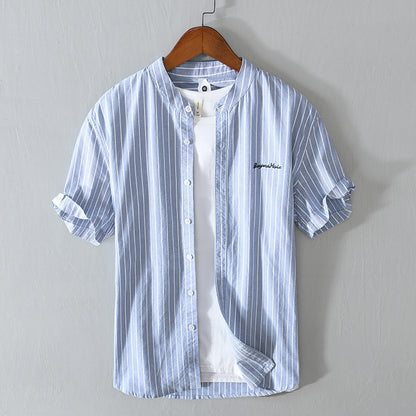 English Letter Stripes Short Sleeve Embroidered Shirt Men&