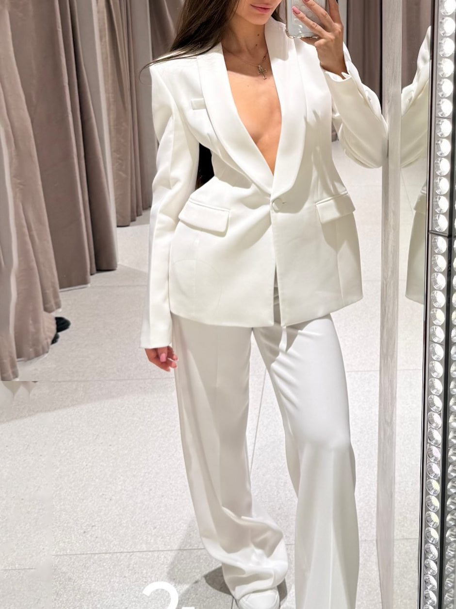 Solid Color Lapel Suit Jacket &amp; High Waist Pants Set
