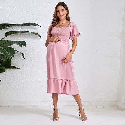 Summer Solid Color Chiffon Smocking Pregnant Women Dress Short Sleeve