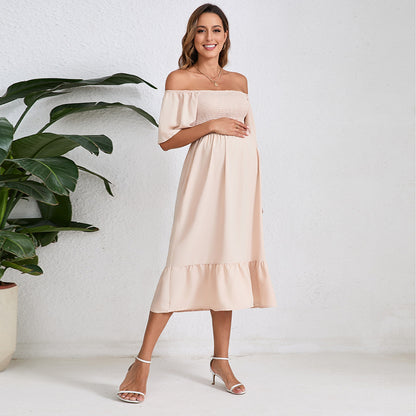 Summer Solid Color Chiffon Smocking Pregnant Women Dress Short Sleeve