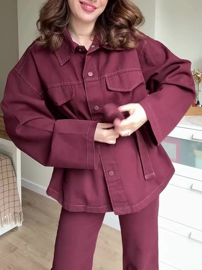 Burgundy Belted Jacket And High Waist Pants Suit