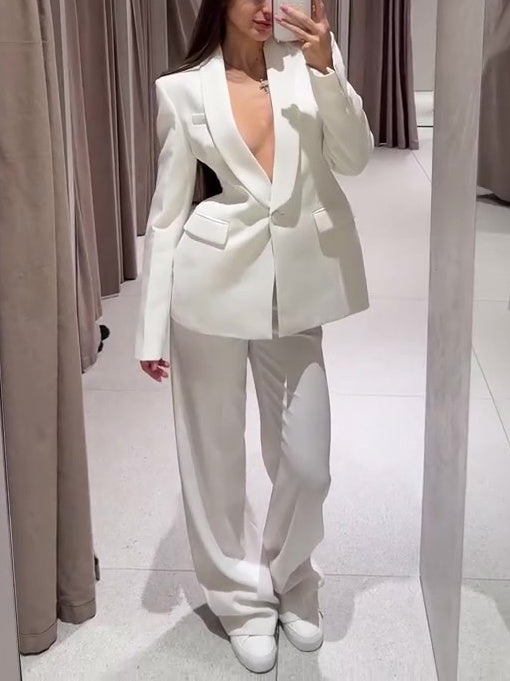 Solid Color Lapel Suit Jacket &amp; High Waist Pants Set