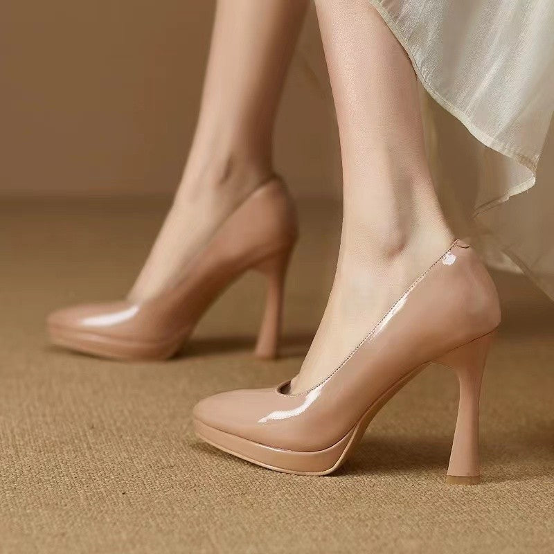 Low-cut Waterproof Platform Gentle Bright Leather Pumps Professional Women&
