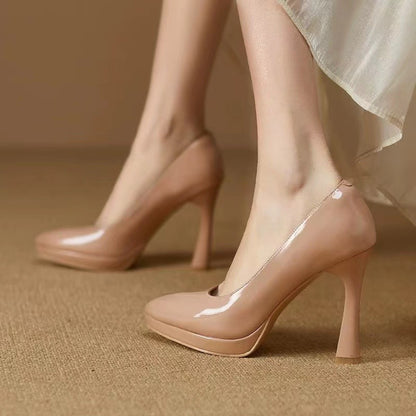 Low-cut Waterproof Platform Gentle Bright Leather Pumps Professional Women&