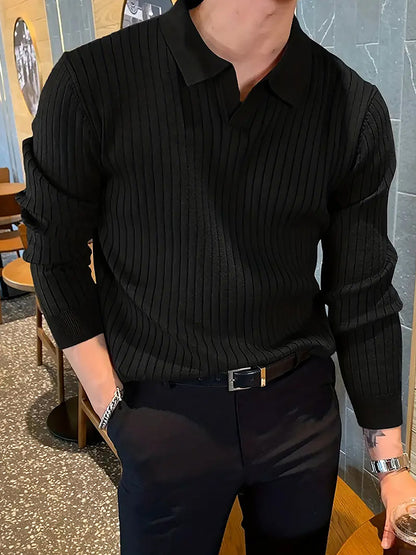 Lapel Texture Stretch Slim Knit Polo Shirt Men Polo Shirt Fashion Waffle Long-sleeved Tops Clothing Casual Comfortable Golf Men&